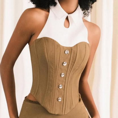 Turnover collar corset button contrast top  | Festival Outfits Women