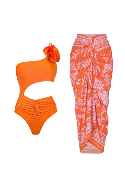 3D Floral Glossy Solid Swimsuit Set