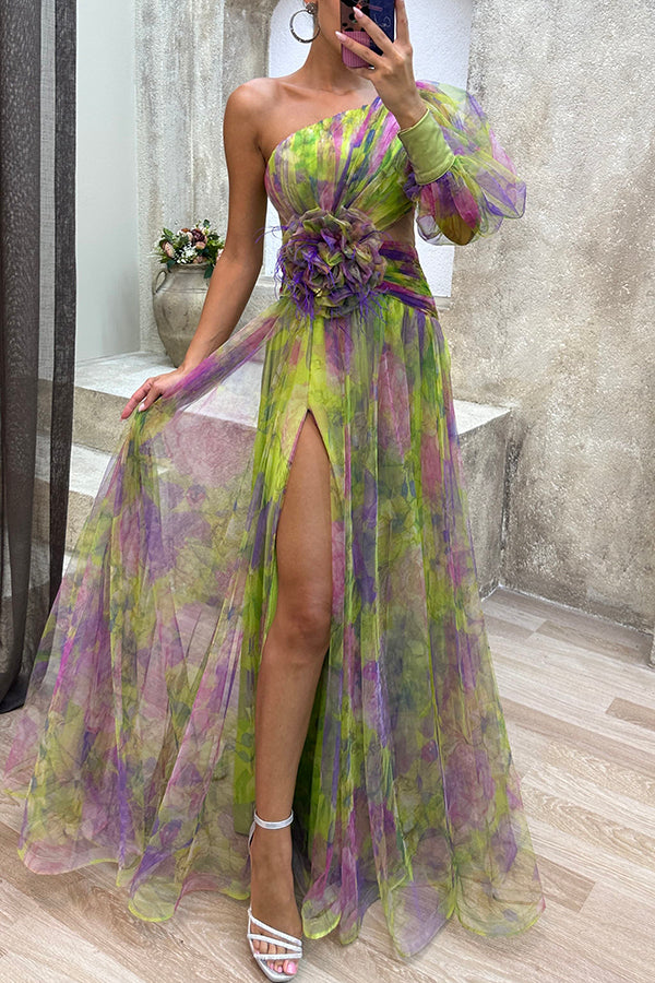 Elegant and beautiful chiffon floral pleated single shoulder sleeve slit long skirt for family
