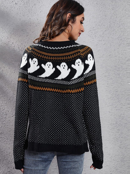 Suéter de punto con cuello redondo y estampado de fantasmas retro literario 