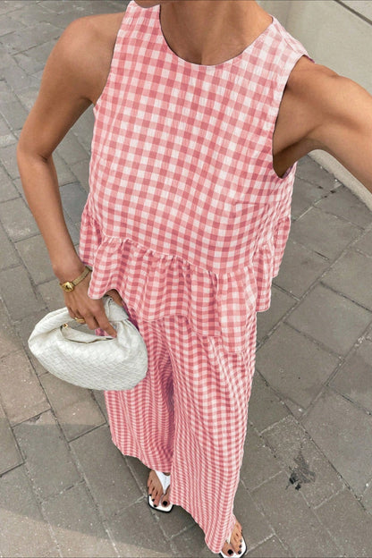 Plaid Ruffle Hem Round Neck Sleeveless Skirt Set