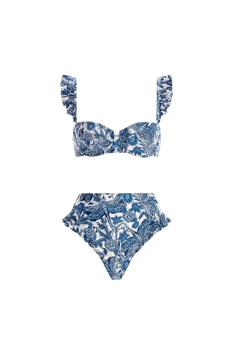 Conjunto de bikini con volantes y estampado de libélulas azules
