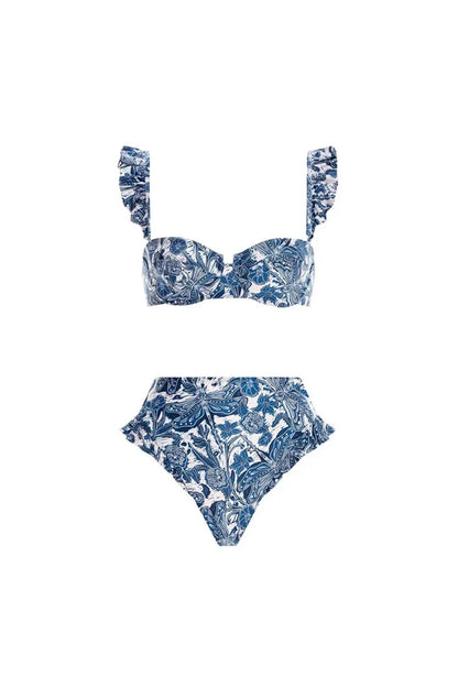 Conjunto de bikini con volantes y estampado de libélulas azules