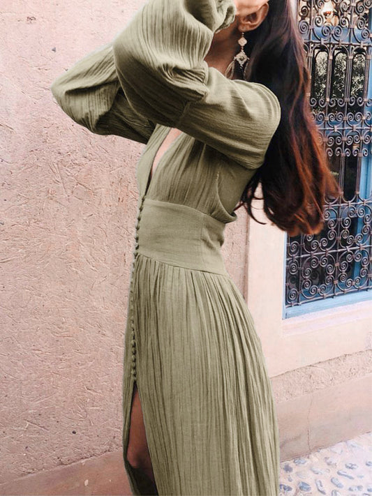 Boho V Neck Maxi Dress - Puff Sleeve Button Front High Slit Long Dress - Spring Beach Vacation 2026