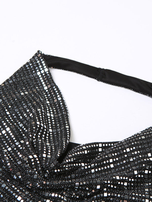 Sequin Stacked Neck Backless Halter Vest