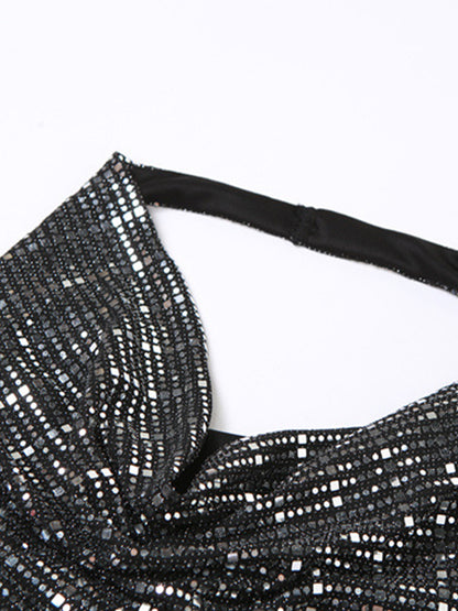 Sequin Stacked Neck Backless Halter Vest