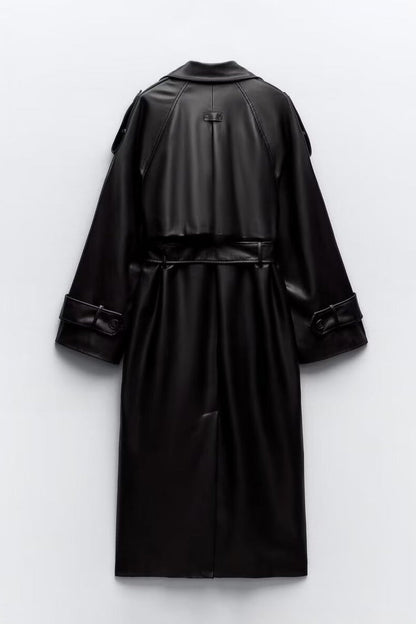 Belted Faux Leather Oversized Long Trench Coat