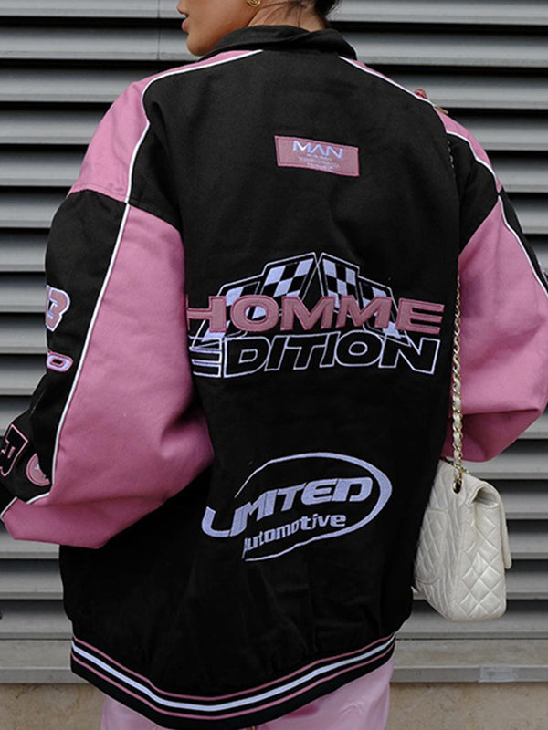 Retro Print Contrast Color Moto Jacket