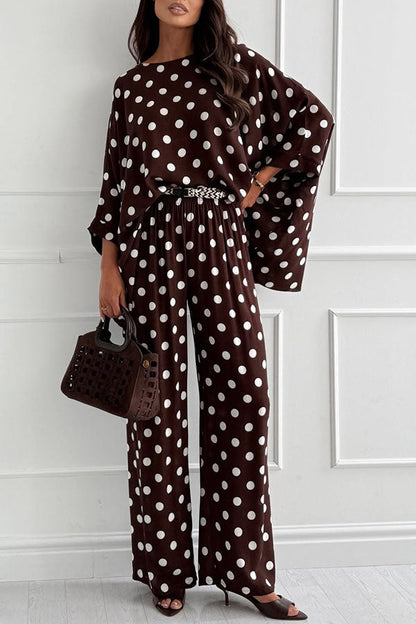Verne Linen Blend Polka Dot Batwing Sleeve Top and Elastic Waist Pocket Loose Pants Set