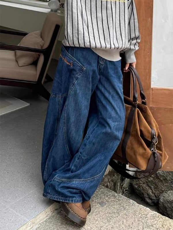 Scimitar Design Large Pocket Splicing Boyfriend Jeans