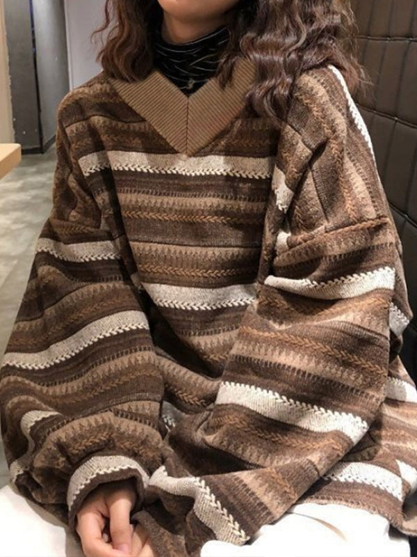V Neck Striped Knit Sweater