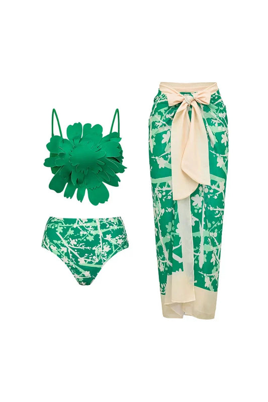 Conjunto de bikini con estampado floral verde