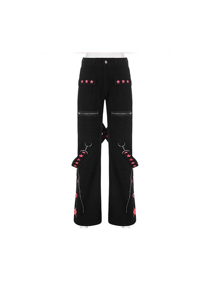 Contrast Color Ribbon Metal Decoration Cargo Jeans