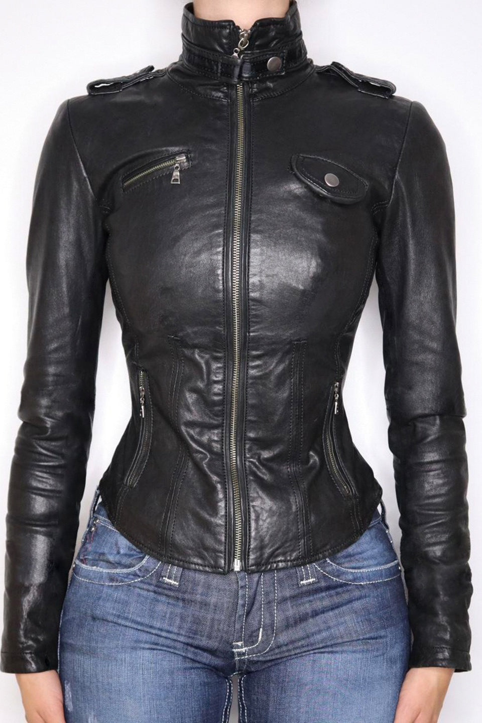 Edgy Stand Collar Zip Waist-fit Leather Jacket