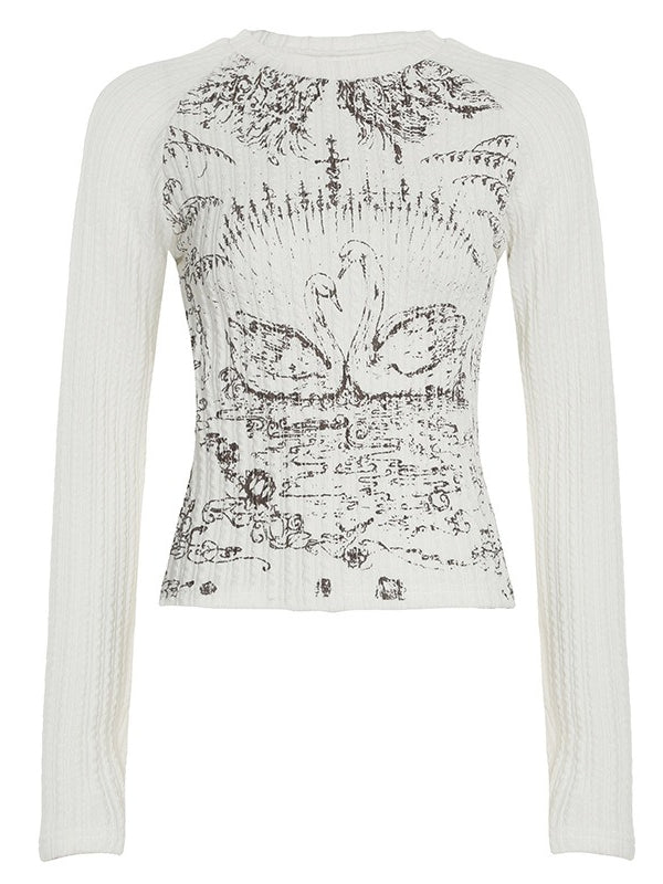 Rib Raglan Retro Swan Print Crew Neck Long Sleeve T-shirt