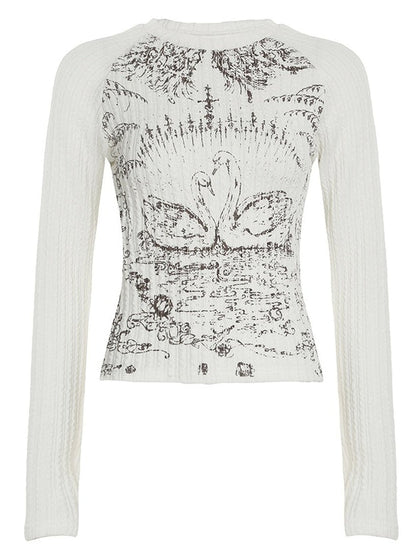 Rib Raglan Retro Swan Print Crew Neck Long Sleeve T-shirt