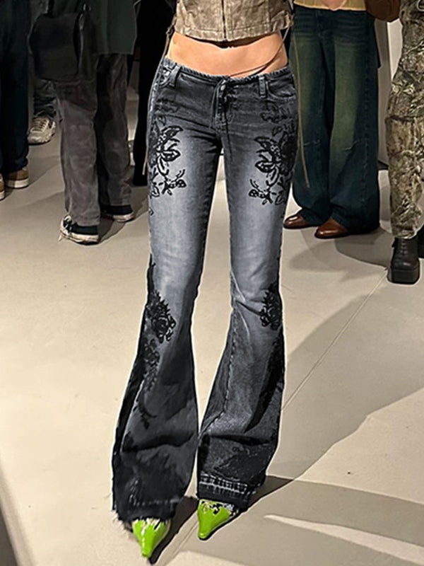Vintage Plant Print Low Rise Flare Jeans