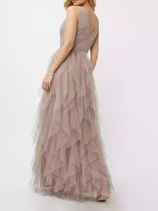 A-Line Spring Prom Formal Evening Dress V Neck Sleeveless Floor Length Polyester with Draping Tier 2022