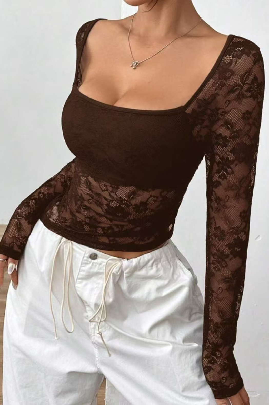 Solid Sheer Lace Mesh Slim Short Crop Top