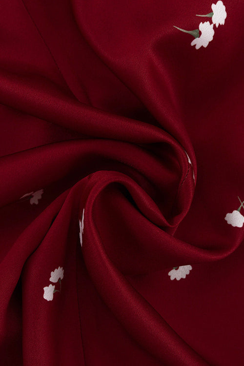 Satin Ruffled V Neck Cinched Waist Elegant Floral Dress