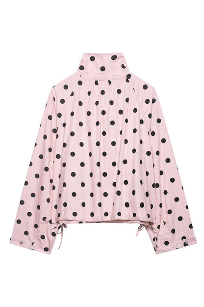 Polka Dot Print Loose Stand Collar Button Bow Tie Casual Long-sleeved Jacket