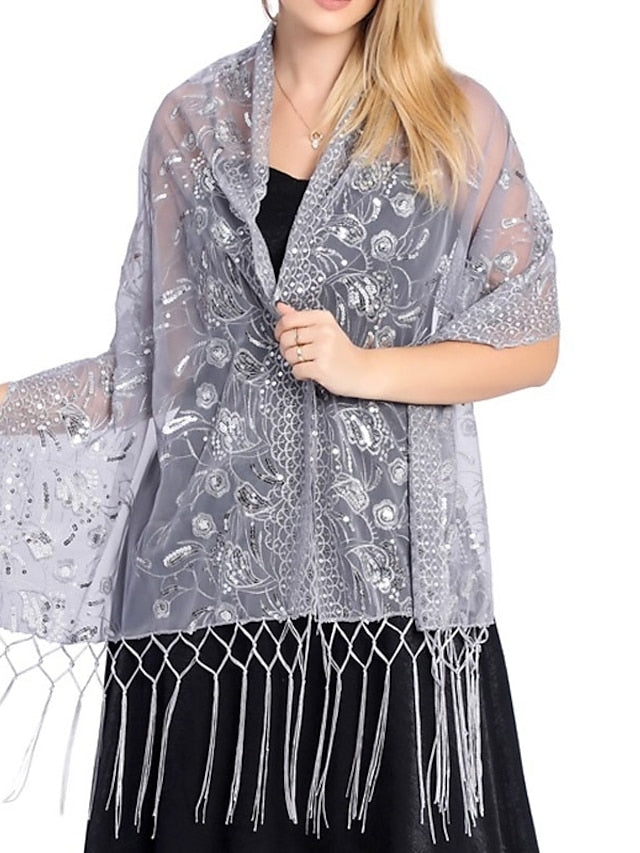 Shawls & Wraps Party Wedding Indoor Light Blue Black White Scarf Embroidered Flower for Women
