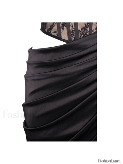 Callie Black Lace Satin Graceful Corset High Slit Gown
