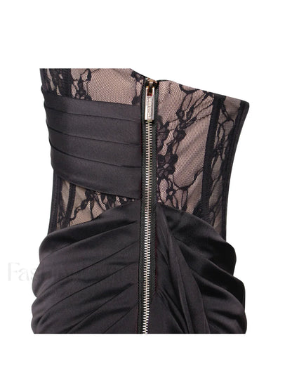 Callie Black Lace Satin Graceful Corset High Slit Gown