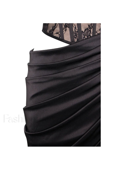 Callie Black Lace Satin Graceful Corset High Slit Gown