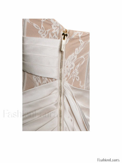 Callie Pearl White Lace Graceful Satin Corset High Slit Gown