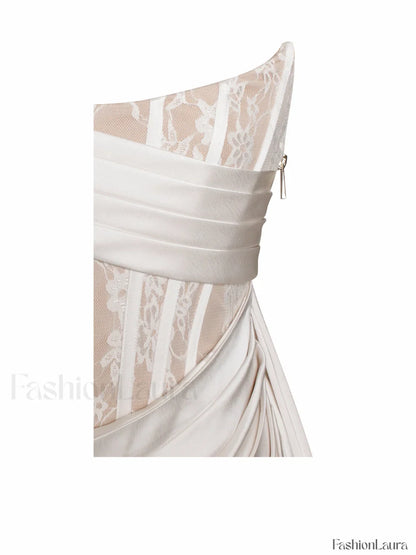 Callie Pearl White Lace Graceful Satin Corset High Slit Gown
