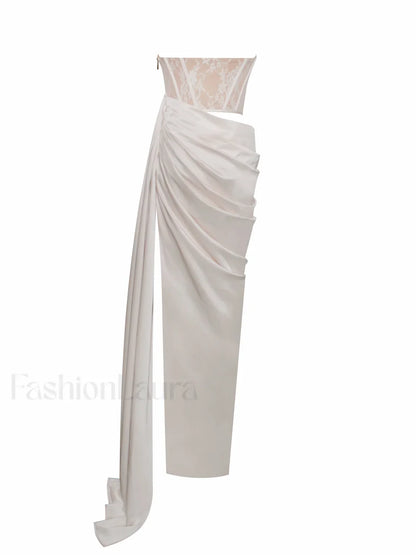 Callie Pearl White Lace Graceful Satin Corset High Slit Gown