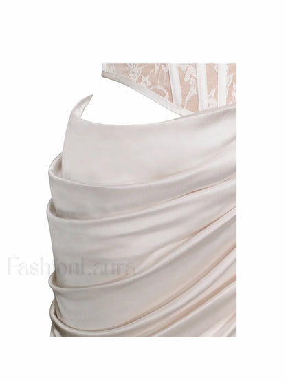 Callie Pearl White Lace Graceful Satin Corset High Slit Gown