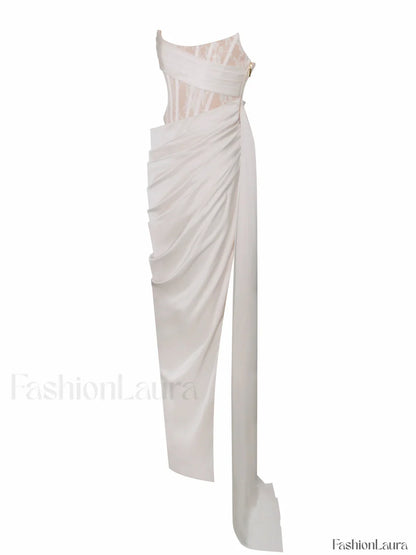 Callie Pearl White Lace Graceful Satin Corset High Slit Gown