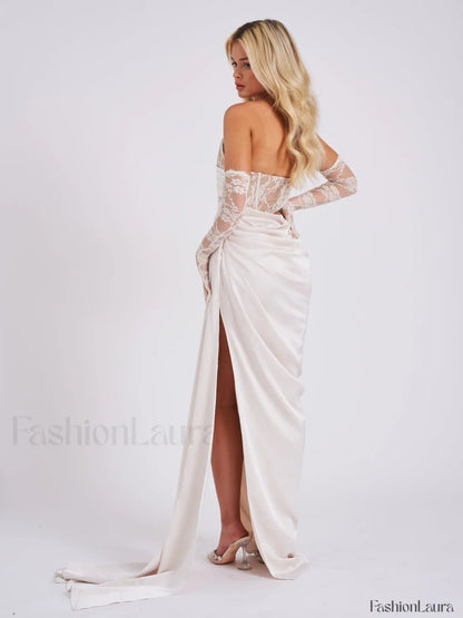 Callie Pearl White Lace Graceful Satin Corset High Slit Gown