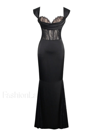 Callista Black Satin Charming Lace Corset Maxi Dress