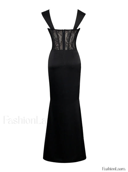 Callista Black Satin Charming Lace Corset Maxi Dress