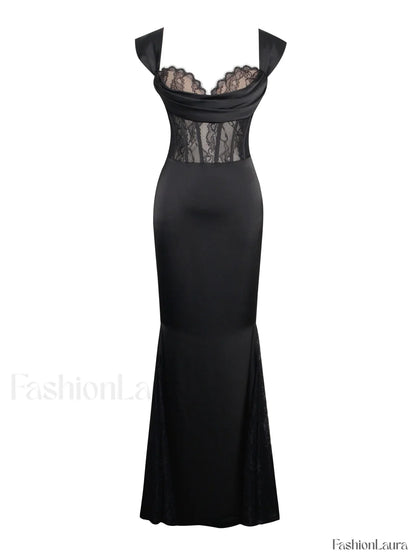 Callista Black Satin Charming Lace Corset Maxi Dress