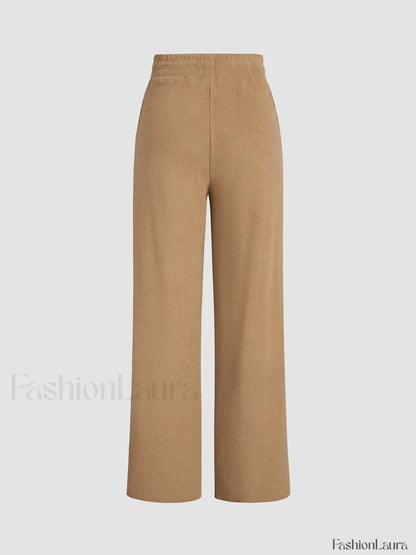 Camel Drawstring Ribbed Trendy Wide Leg Pants