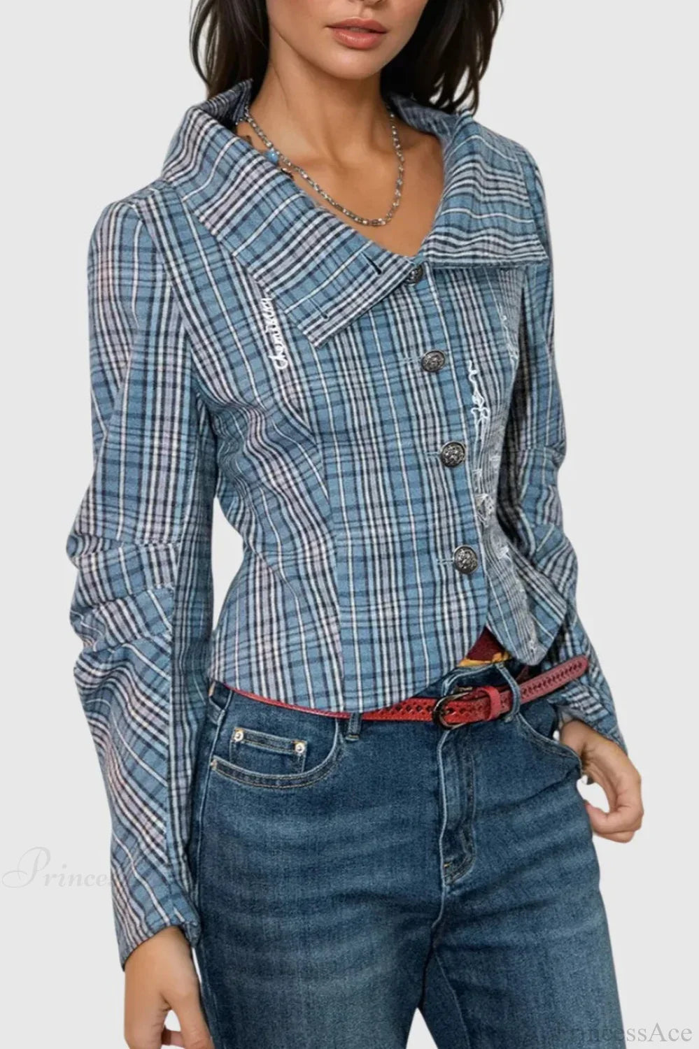 Candlestick Print Plaid Ruched Stand Collar Coat