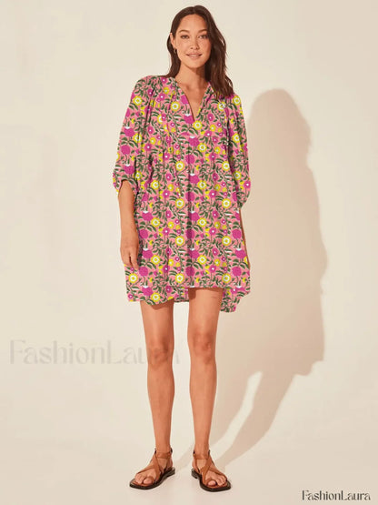 Casual Loose Floral Print Spring/Summer Women's 2024 New Lantern Sleeves Lace-up V-neck Mini Dress