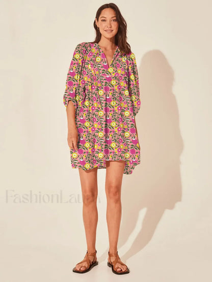 Casual Loose Floral Print Spring/Summer Women's 2024 New Lantern Sleeves Lace-up V-neck Mini Dress