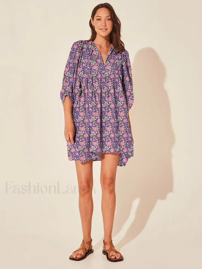 Casual Loose Floral Print Spring/Summer Women's 2024 New Lantern Sleeves Lace-up V-neck Mini Dress