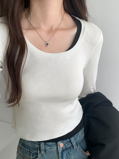 Contrast Color Fake Two Piece Long Sleeve Knit