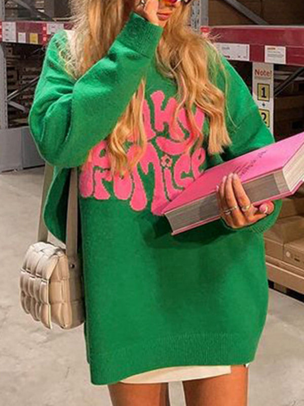 Contrast Color Letter Print Pull Over Sweater
