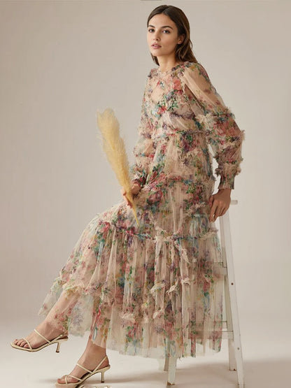 Party Dress Ruffles Layered Illusion Sleeves Elegant Folklore Long Dress