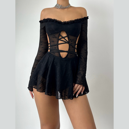 Off shoulder long sleeve hollow out self tie cut out mini dress  | Festival Outfits Women