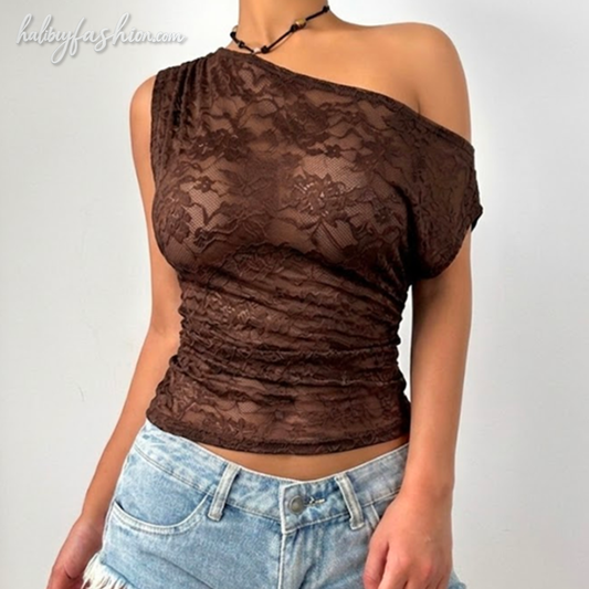 One shoulder irregular lace see through top  | Festival Outfits Women