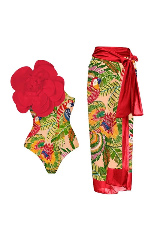 Traje de baño de una pieza con estampado floral rojo 3D