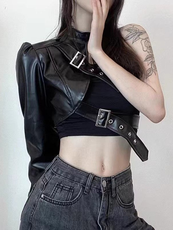Punk Asymmetric PU Leather Single Sleeve Crop Top